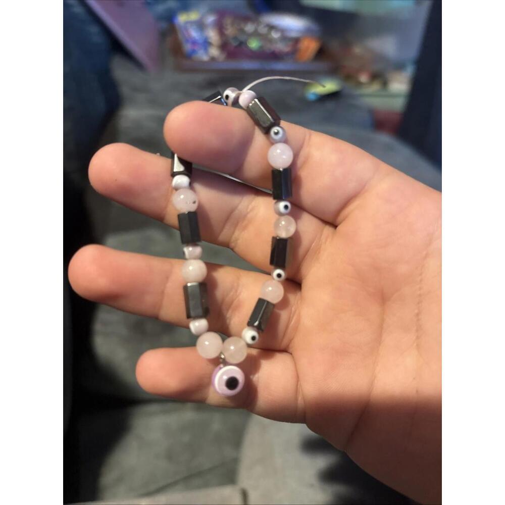 Handmade Hematite And Rose Quartz Evil Eye Bracelet